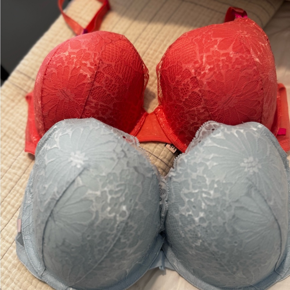 Lace Push-Up Bra Set - Coral & Light Gray - Picture 1 of 1